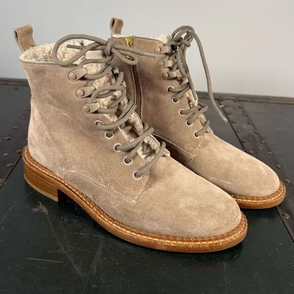 Vince Brown Tan Suede Shearling Cabria 3 Lace Up Combat Boots Size 5 US