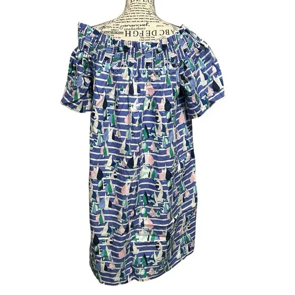 Vineyard Vines Dress Off‎ Shoulder Sailboat Harbor Women Lg Blue Boat Te…
