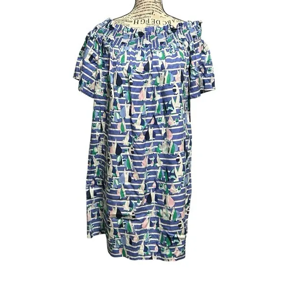 Vineyard Vines Dress Off‎ Shoulder Sailboat Harbor Women Lg Blue Boat Te…