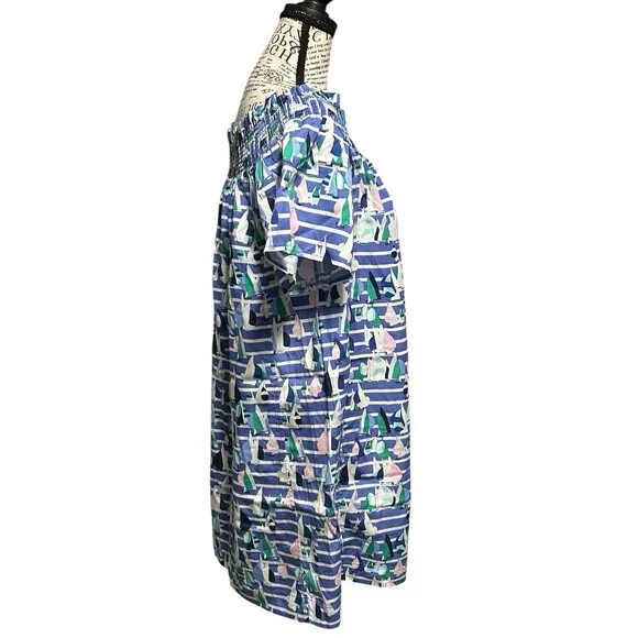 Vineyard Vines Dress Off‎ Shoulder Sailboat Harbor Women Lg Blue Boat Te…