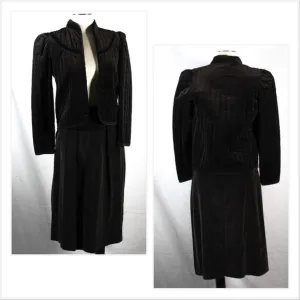 Vintage 1960s 1970s Black Brown Hued Velveteen Skirt Suit Set