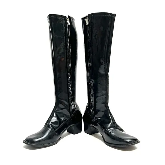 Vintage 1960s black vegan patent leather knee high zip up heeled gogo boots