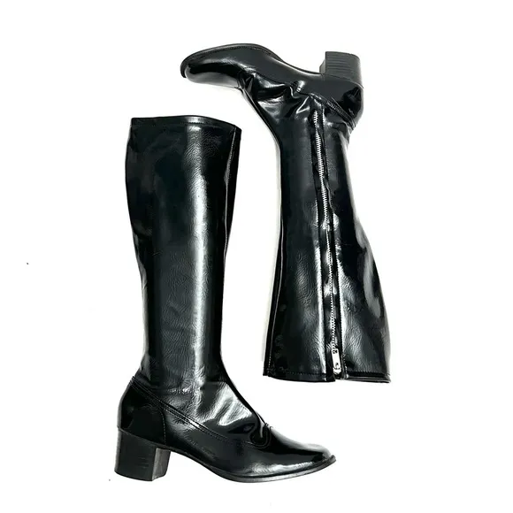 Vintage 1960s black vegan patent leather knee high zip up heeled gogo boots