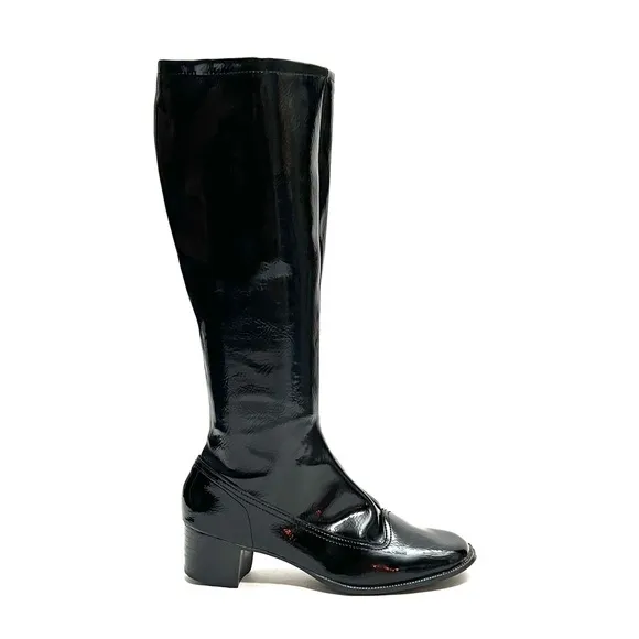 Vintage 1960s black vegan patent leather knee high zip up heeled gogo boots