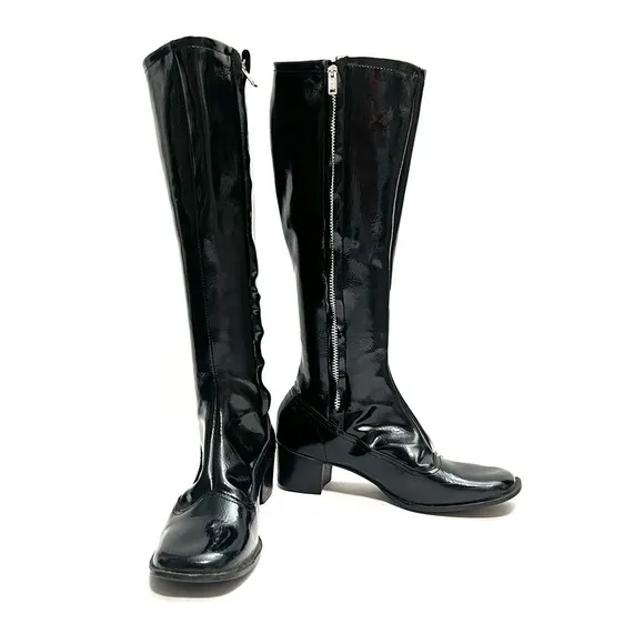 Vintage 1960s black vegan patent leather knee high zip up heeled gogo boots