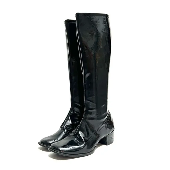 Vintage 1960s black vegan patent leather knee high zip up heeled gogo boots
