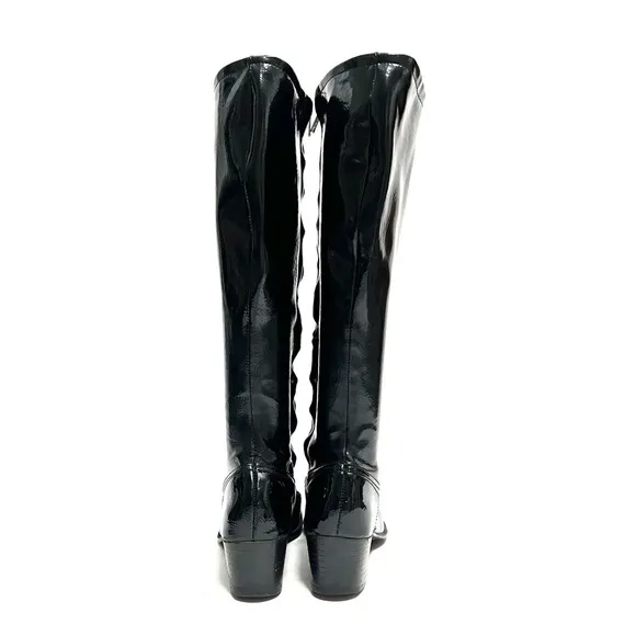 Vintage 1960s black vegan patent leather knee high zip up heeled gogo boots