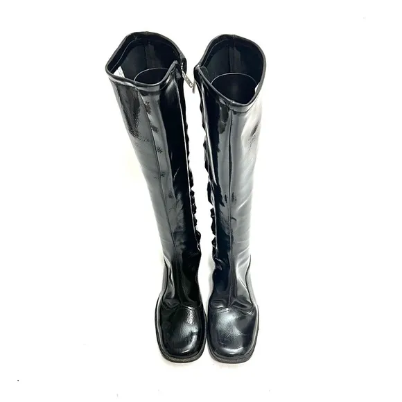 Vintage 1960s black vegan patent leather knee high zip up heeled gogo boots