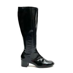Vintage 1960s black vegan patent leather knee high zip up heeled gogo boots