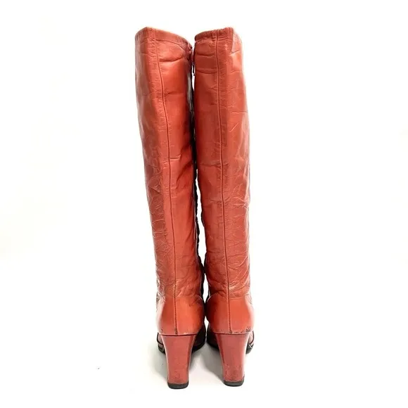 Vintage 1960s honey brown leather knee high zip up heeled gogo boots