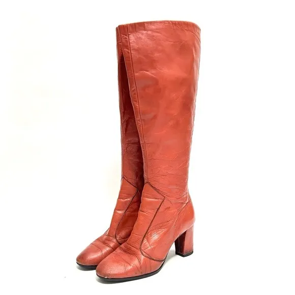 Vintage 1960s honey brown leather knee high zip up heeled gogo boots