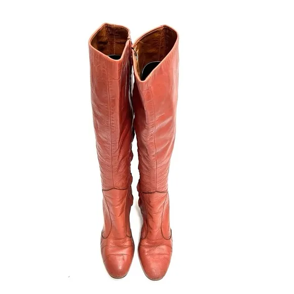Vintage 1960s honey brown leather knee high zip up heeled gogo boots