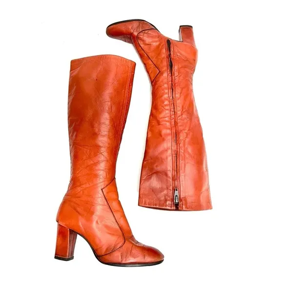 Vintage 1960s honey brown leather knee high zip up heeled gogo boots