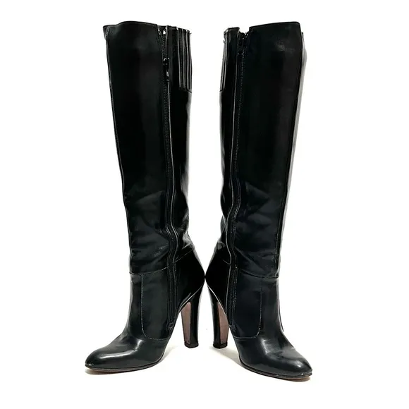 Vintage 1970s black leather knee high zip up heeled It Girl boots