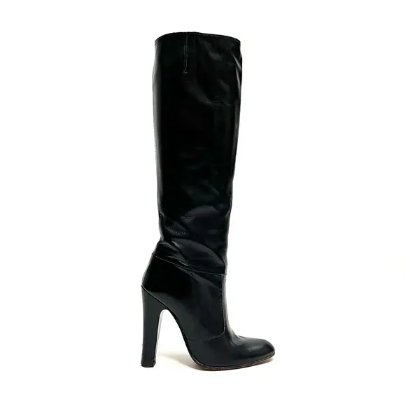 Vintage 1970s black leather knee high zip up heeled It Girl boots