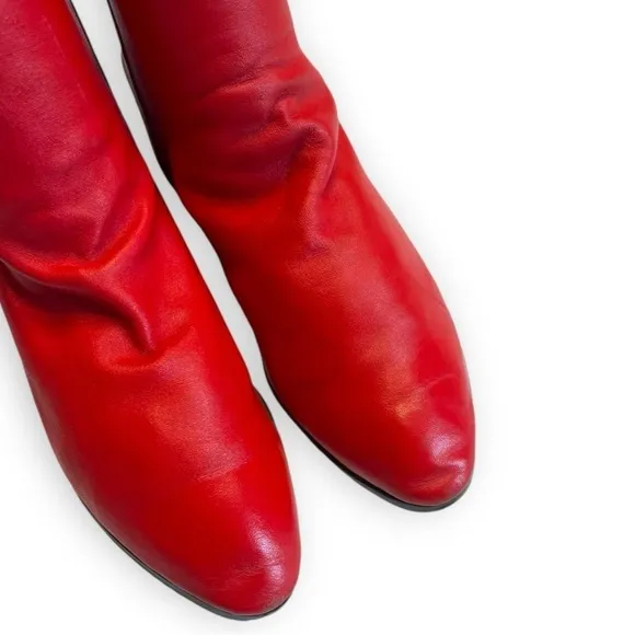 Vintage 1970's Fast Turn Cherry Red Genuine Leather Knee High Slip On Boots