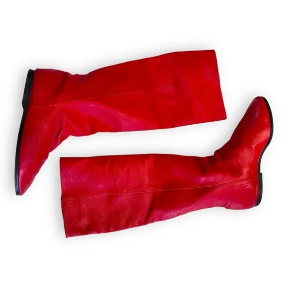 Vintage 1970's Fast Turn Cherry Red Genuine Leather Knee High Slip On Boots