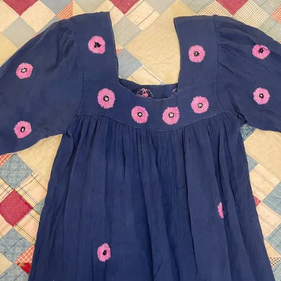 Vintage 1970s Kashmir Imports India Cotton Gauze Boho Hippie Dress Adini Phool