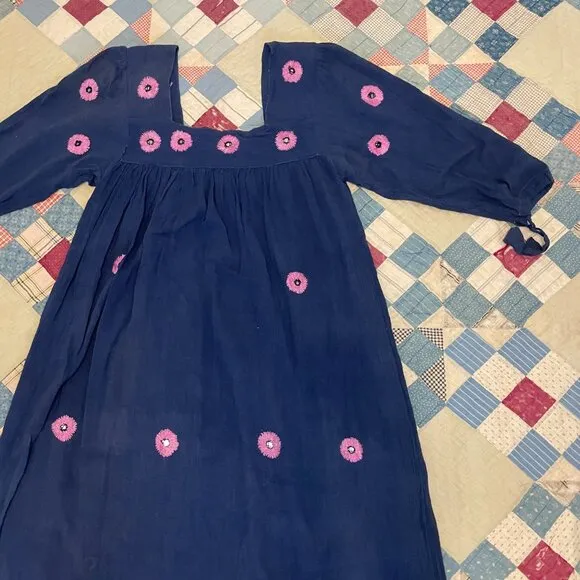 Vintage 1970s Kashmir Imports India Cotton Gauze Boho Hippie Dress Adini Phool