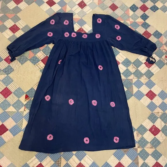 Vintage 1970s Kashmir Imports India Cotton Gauze Boho Hippie Dress Adini Phool