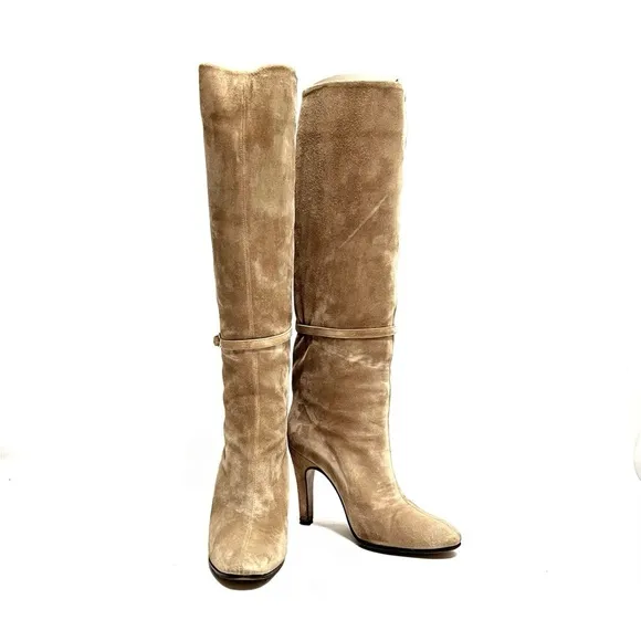 Vintage 1970s khaki gray suede leather lined knee high pull on stiletto boots