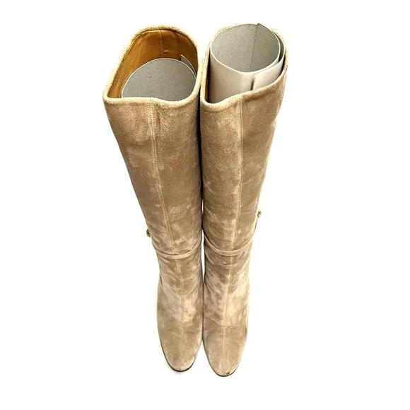 Vintage 1970s khaki gray suede leather lined knee high pull on stiletto boots