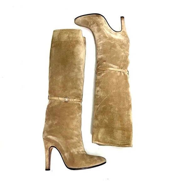 Vintage 1970s khaki gray suede leather lined knee high pull on stiletto boots