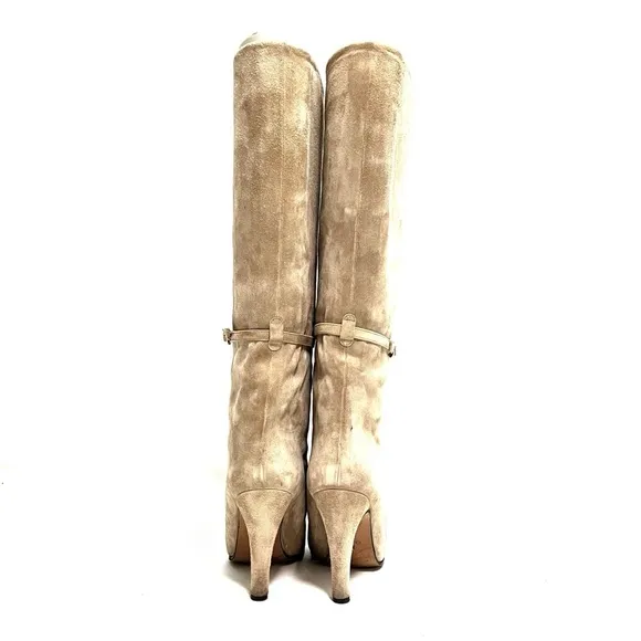 Vintage 1970s khaki gray suede leather lined knee high pull on stiletto boots