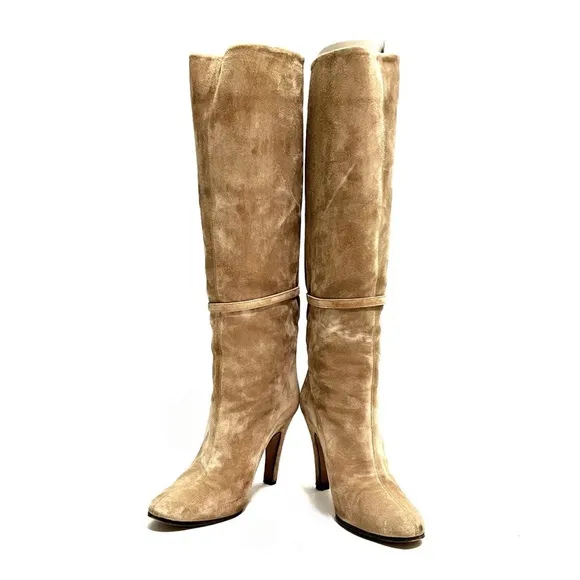 Vintage 1970s khaki gray suede leather lined knee high pull on stiletto boots