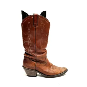 Vintage 1970s women’s rugged brown leather western style heeled cowboy boots