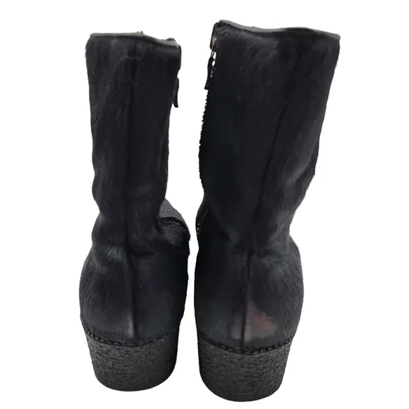 Vintage 50s 60s Black Pony Hair Fur Textured Sole Ankle side Zip Go Go Boots