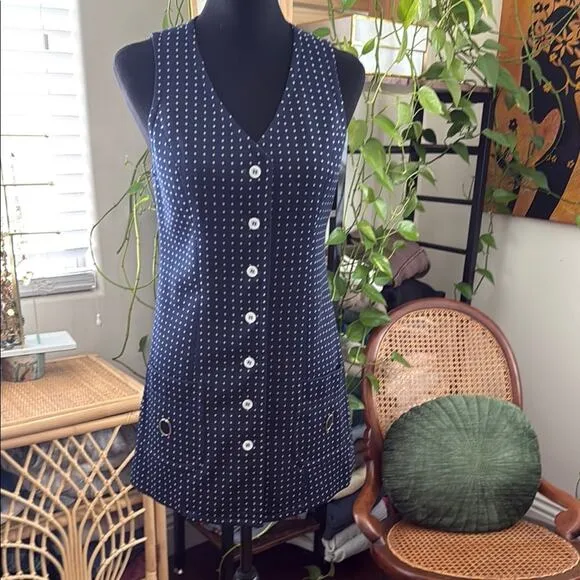 Vintage 60s/70s Evan Picone Navy &amp; White Button Up Vest Mini Dress