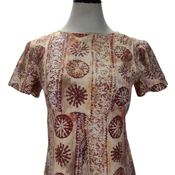 Vintage 70s A Line Day Dress Size M/L Brown Cotton Hawaiian Print Empire Waist