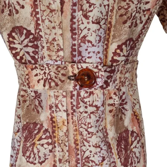 Vintage 70s A Line Day Dress Size M/L Brown Cotton Hawaiian Print Empire Waist