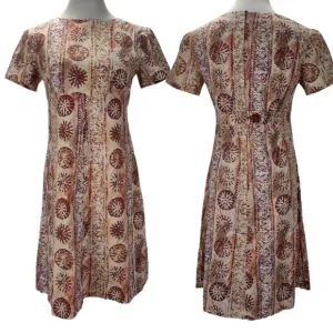 Vintage 70s A Line Day Dress Size M/L Brown Cotton Hawaiian Print Empire Waist