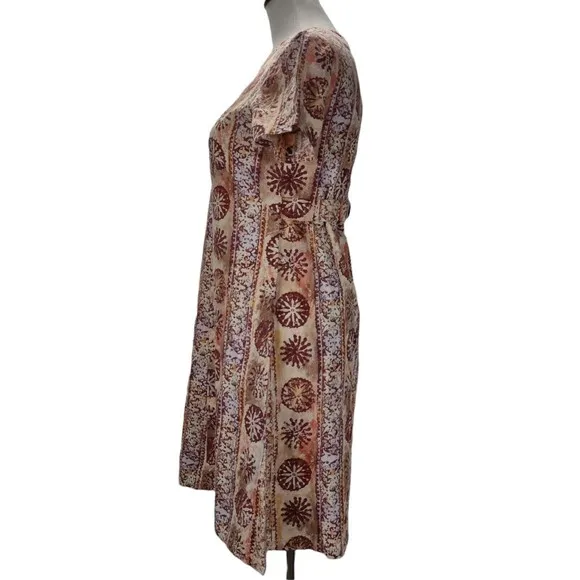 Vintage 70s A Line Day Dress Size M/L Brown Cotton Hawaiian Print Empire Waist