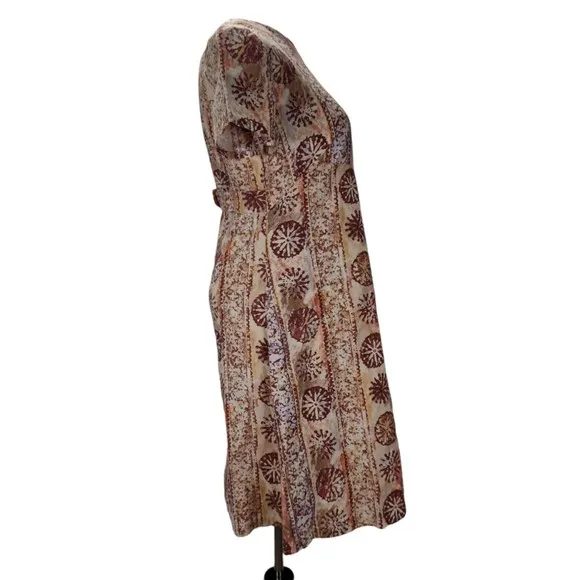 Vintage 70s A Line Day Dress Size M/L Brown Cotton Hawaiian Print Empire Waist