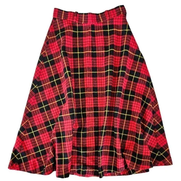 Vintage '70s Cucumber ILGWU Red Tartan Plaid Wool Midi A-Line Swing Skirt 9/10