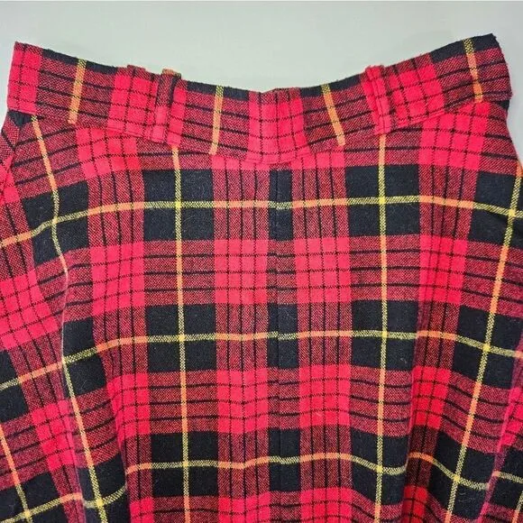 Vintage '70s Cucumber ILGWU Red Tartan Plaid Wool Midi A-Line Swing Skirt 9/10