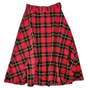 Vintage '70s Cucumber ILGWU Red Tartan Plaid Wool Midi A-Line Swing Skirt 9/10