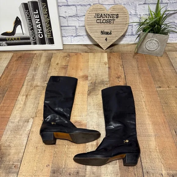 vintage 70s SALVATORE FERRAGAMO black tall leather riding boots 9.5 AA