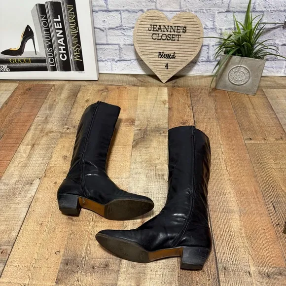 vintage 70s SALVATORE FERRAGAMO black tall leather riding boots 9.5 AA