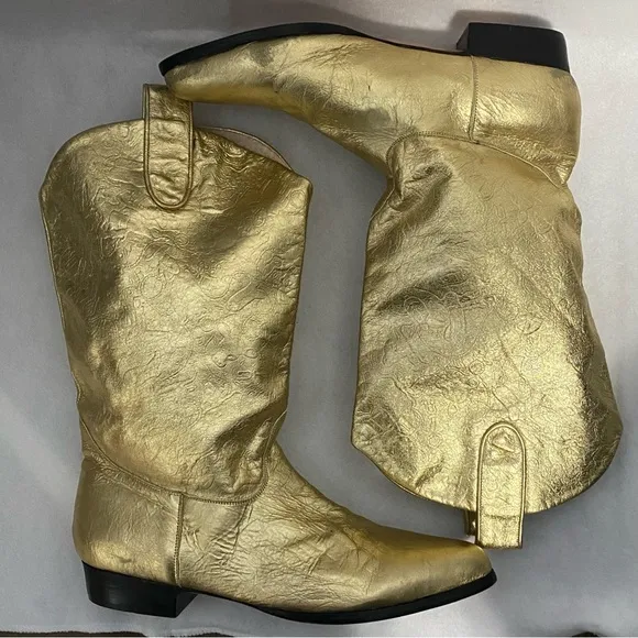 Vintage 80s 90s Steve Fleming Gold boots Western mid Calf slouchy Disco cowgirl
