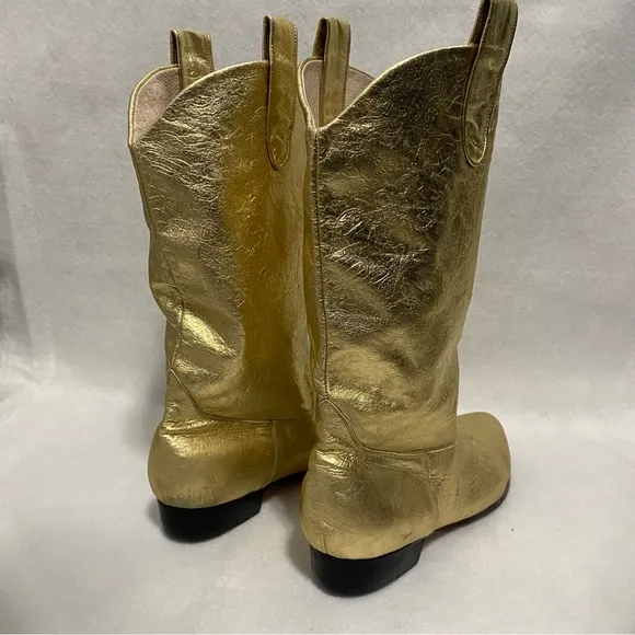 Vintage 80s 90s Steve Fleming Gold boots Western mid Calf slouchy Disco cowgirl