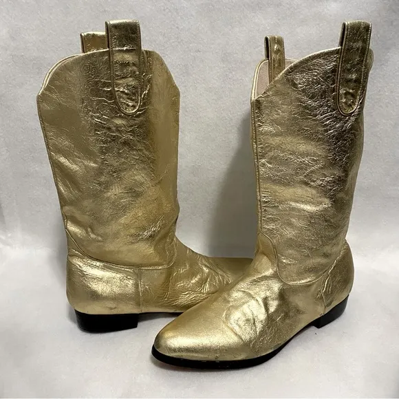 Vintage 80s 90s Steve Fleming Gold boots Western mid Calf slouchy Disco cowgirl