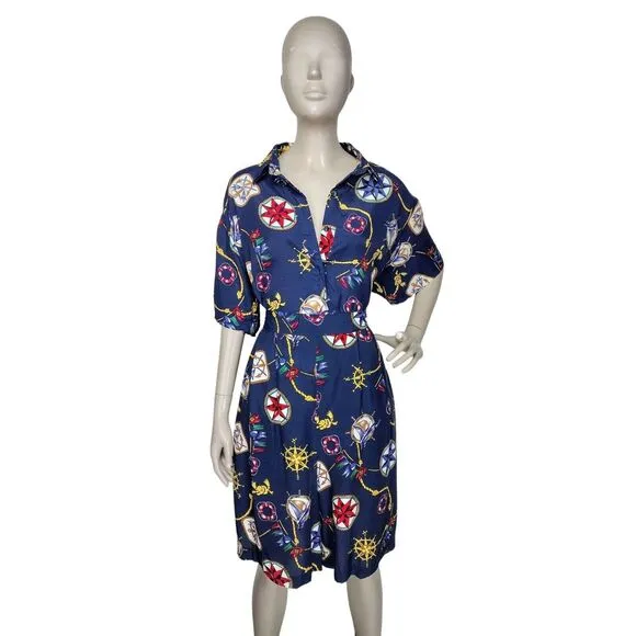 Vintage 80s Nautical Print Button-Down Top &amp; Ultra High-Waist Shorts Set