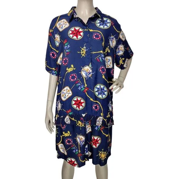 Vintage 80s Nautical Print Button-Down Top &amp; Ultra High-Waist Shorts Set