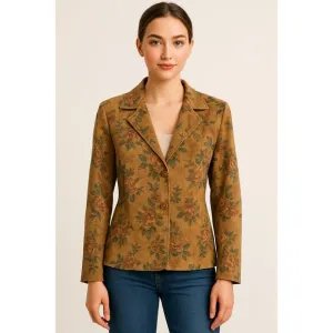 Vintage 90s Kate Hill Floral Leather Jacket – Size 4 Tan Rose Pattern Suede feel