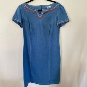 Vintage 90’s Robbie Bee Denim Embroidered Mini Dress