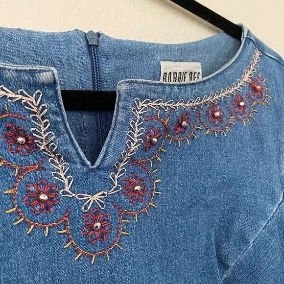 Vintage 90’s Robbie Bee Denim Embroidered Mini Dress